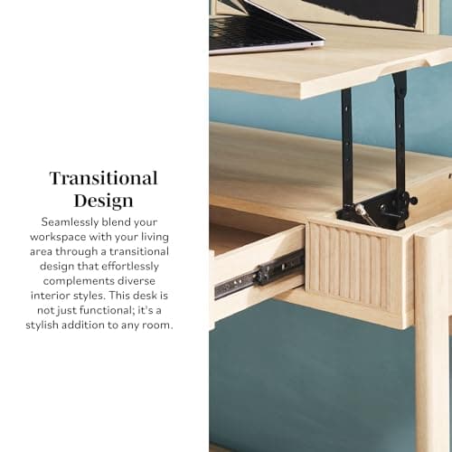 WALKER EDISON Transitional Style Furniture, Reeded Detail, Lift-Top Desk with Drawer and Storage Cubby, Sitting to Standing Desk, Soft Self-Close Desktop, 38”W x 16.75”D x 30”H, Coastal Oak 12