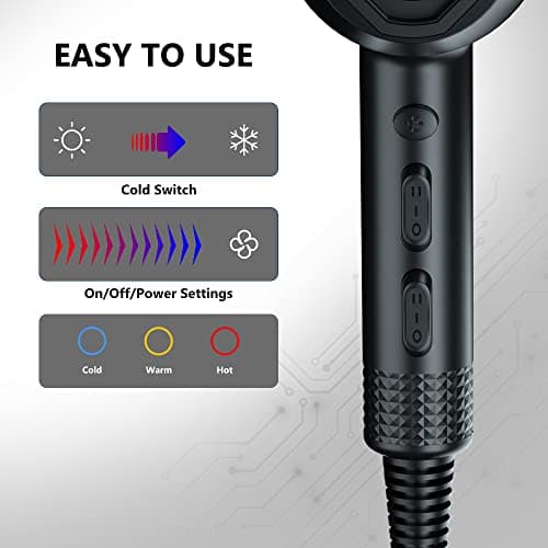 AIRYOMI Hair Dryer Blow Dryer with Diffuser Powerful Fast Dry 1875W Ionic Hair Dryer Magnetic 3 Heating 2 Speed and Cold Settings Professional Salon Hair Dryers with Diffuser Black 5