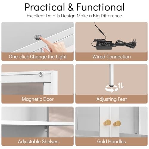 Polup Display Cabinet with 3 Color LED Lights and Tempered Glass, 66 Inch Tall Curio Cabinet with 3 Side Glass, White Display Case for Collectibles, Lighted Cabinets for Living Room- Assemble Required 6