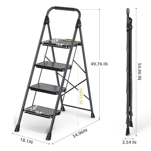 KINGRACK 4 Step Ladder, Sturdy Steel Step Stool with Anti-Slip Wide Pedals, Handrail, Safe-Lock Design, Pass 800lbs Load Testing, Folding Portable Ladder for Multi-Purpose, Home, Kitchen, Black 9