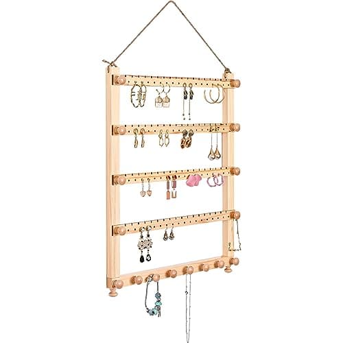 Lolalet Hanging Jewelry Organizer, 5-Tier Wooden Earring Wall Holder Jewelry Display Rack for Earrings Dangles Necklaces Bracelets -Natural
