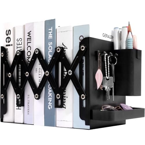 ALKALO Adjustable Bookends, 19" Metal Book Ends for Heavy Books, 2 Dividers Bookends with Removable Pen Holder, Tray, and 3 Hook-up, Book Organizer for Office, School, Bookstore, Home