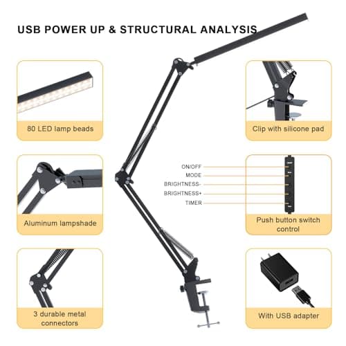 TROPICALTREE LED Desk Lamp for Home Office and Round Base, Clamp-On with 5 Light Modes & Auto Shut Off | 14W Adjustable Brightness 5000K Eye-Caring Lighting for Study/Bedroom/Computer Desk 5