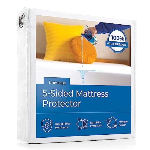 Linenspa 5-Sided Waterproof Mattress Protector – Breathable, Fitted Sheet Style, Machine Washable – Twin Size Mattress Protector, White