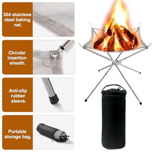 22 Inch Portable Outdoor Fire Pit with Carrying Bag,Foldable Stainless Steel Mesh Fireplace Wood Burning Collapsible Fireplace for Camping Outdoor Hiking BBQ Picnic 4