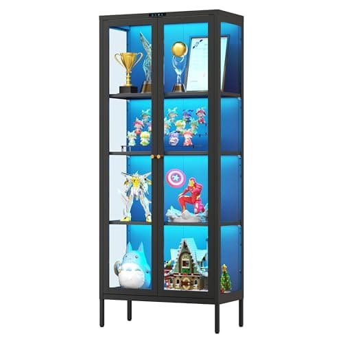 Polup Glass Display Cabinet with 8-Color LED Lights, Black Curio Cabinet with Glass Doors, 66 Inch Tall Display Case for Collectibles, Metal Storage Cabinet for Living Room, Assembly Required 9