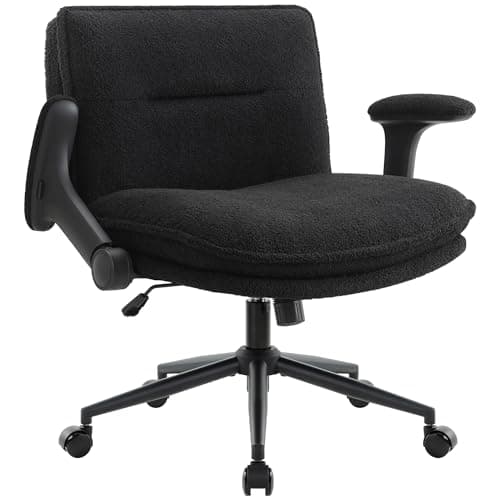 Criss Cross Legged Office Chair with Wheels and Flip-Up Arms, Ergonomic Wide Seat Desk Chair with Thick Padded, Height Adjustable Criss Cross Chairs for Home Office, Bedroom,Apartment,Vanity,Black