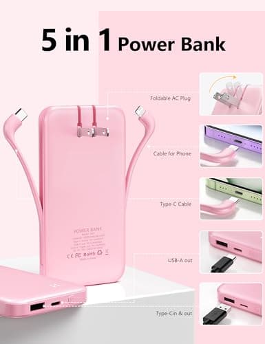 Alongza Portable Charger Built-in Cables and AC Wall Plug, Slim Fast Charging Power Bank 10000mAh, Lightweight USB C External Battery Pack Compact Travel Cell Phone Charger 8