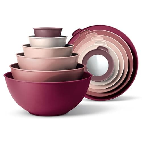 COOK WITH COLOR Mixing Bowls with Lids - 12 Piece Plastic Nesting Bowls Set includes 6 Prep Bowls and 6 Lids, Microwave Safe Mixing Bowl Set, Rose TPR Lid