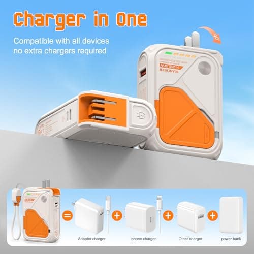 SEANCHEER P05 Portable Charger, Magnetic Power Bank, Small Wireless PowerBank, Battery Pack10000mAh Travel Essentials Fast Charging with Built in Cable, Foldable Wall Plug for iPhone,Samsung,Andriod 2
