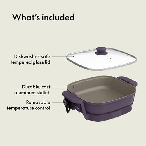 bella Make & Take Electric Skillet, Fits-anywhere™ kitchenware, EverGood™ Ceramic Coating, Adjustable Temperature & Dishwasher-Safe Tempered Glass Lid, Cast Aluminum Base, 1200 Watt, Plum 6