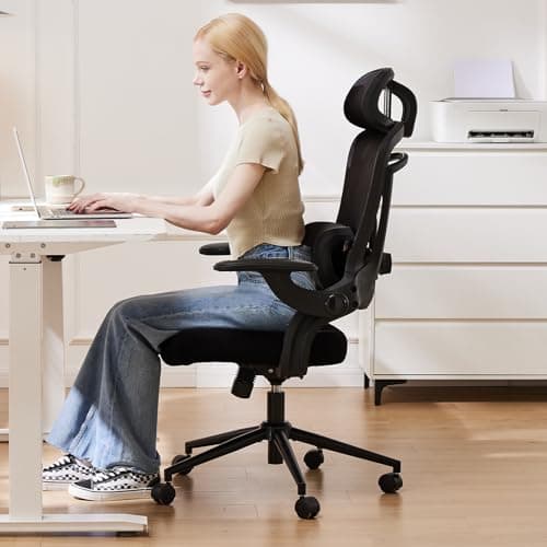 Sweetcrispy Ergonomic Mesh Office Chair, High Back with 2D Headrest, Up&Down Lumbar Support, Swivel Computer Task Desk Chairs with Adjustable Flip-up Armrests, Black 8
