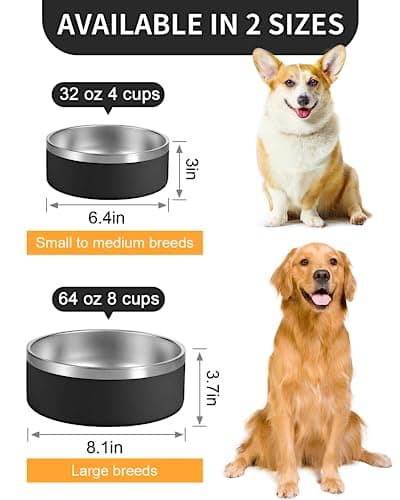 Dog Bowl - 32oz Insulated Dog Food Water Bowl Non Slip, Double Wall Stainless Steel Dog Bowls 4 Cup for Medium Large Breeds, Indoor Outdoor Metal Dog Bowl, Durable Pet Dish for Puppy Dogs Cats 6