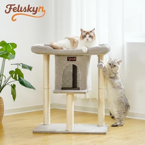 Cat Tree Tower Scratching Post for Indoor Large Cats, Small Cat Tree with Big Perch Bed, 28in Tall Trees House with Condo Cave, Toy Balls, Modern Climbing Furniture Platform for Kitten (Light Gray) 7