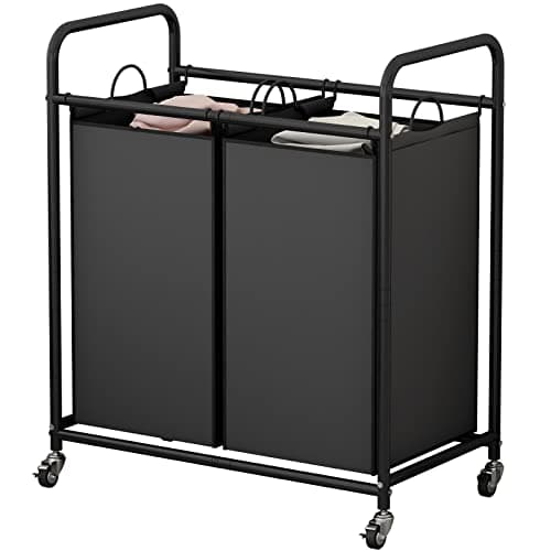 SUOERNUO Laundry Hamper Basket 2 Bag Laundry Sorter Cart with Rolling Lockable Wheels and Removable Bags Laundry Organizer Cart for Clothes Storage, Black