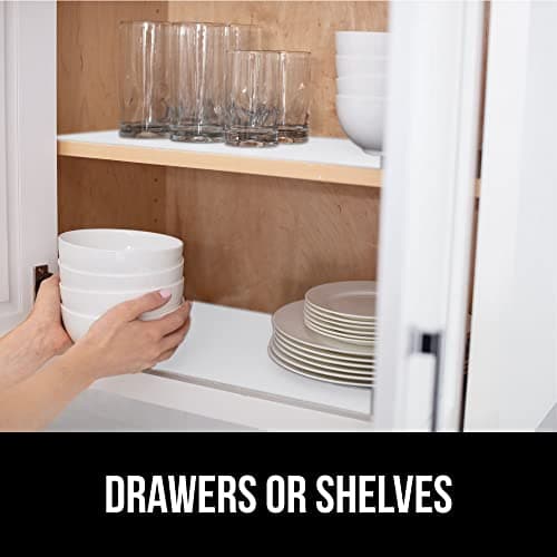 GORILLA GRIP DripGuard Shelf Liner, Non-Adhesive Drawer and Kitchen Cabinet Protector, Strong Grip Slip Resistant Underside, Smooth Surface Liners for Cabinets, Bathrooms, Closets, 12x120 Inch, White 7