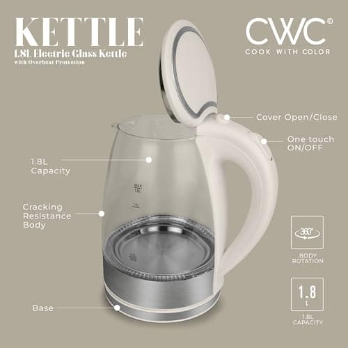 COOK WITH COLOR Electric Tea Kettle, 1.8L Cordless Hot Water Boiler, 1200W Rapid Boil, Auto Shutoff & Boil Dry Protection, BPA-Free, Sleek Countertop Design, Cream 3