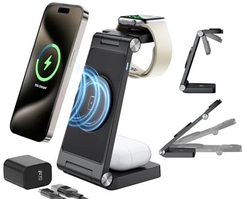 Magnetic Wireless Charging Station, 3 in 1 Fast Max Charging for Smartphone,Watch,TWS - Space-Saving Multi-Device Stand (Black)