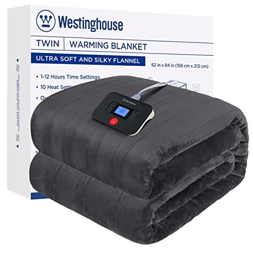 Westinghouse Electric Blanket Twin Size, Super Cozy Soft Flannel 62"" x 84"" Heated Blanket with 10 Fast Heating Levels & 1-12 Auto-Off, Machine Washable, ETL&FCC Certification, Charcoal