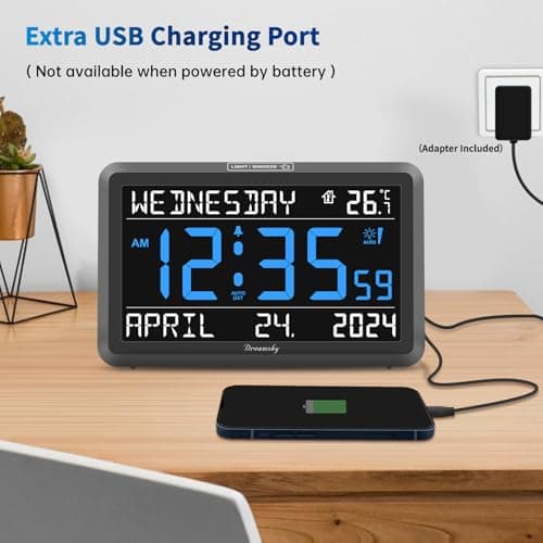 DreamSky Large Digital Clock with Date and Day of Week - Electric Desk Clock for Seniors Elderly, Bedroom Alarm Clock with Battery Backup, Dimmer, USB Port, Auto DST, Temperature, Adjustable Volume 5
