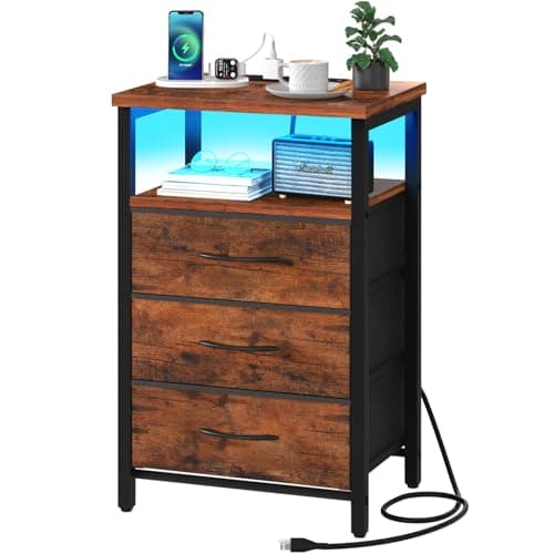 Yoobure Night Stand with Charging Station, 16 Colors LED Nightstand with USB Ports and Outlets, End Table with 3 Fabric Drawers and Storage Shelf, Bedside Tables Small Dresser for Small Space, Brown