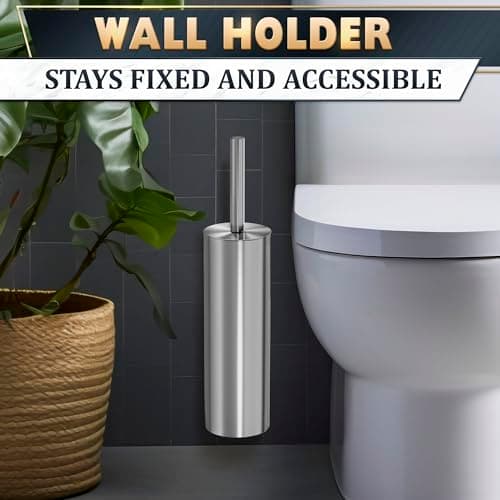 Silver Modern Toilet Brush and Holder Set with Wall Mount - Stainless Steel Toilet Brush with Holder - Removable Inner Bowl, Shiny Design, Splash Protection & Dense Bristles for Bathroom Cleaning 9