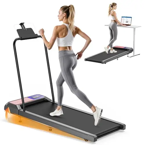 RJOP Walking Treadmill Pad Small with 8% Adjustable Incline and Removable Handle Bar, Compact Under Desk Treadmills for Home Small with APP Sync, Remote Control and LED Display, 2.5HP, Blue Red