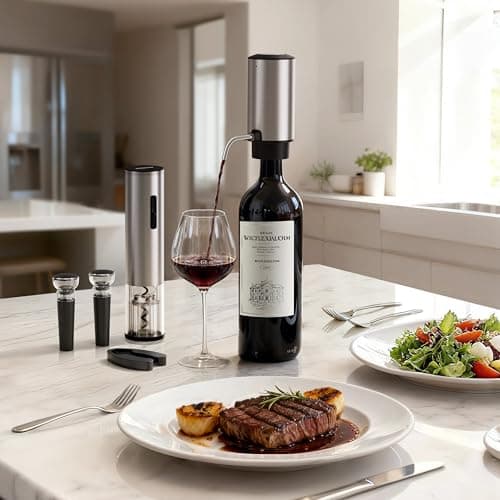 BABONIR 7-in-1 Electric Wine Opener Gift Set, Stainless Steel Automatic Corkscrew with Automatic Aerator Pourer, 2 Vacuum Stoppers, Foil Cutter, Storage Base Rechargeable Corkscrew Kit for Wine Lovers 7