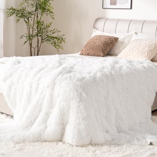 Kaisa Shaggy Long Fur Faux Fur Weighted Blankets 15 Pounds for Adults 48"x72" Queen Size, Reversible Sherpa Weighted Blankets, Fluffy and Warm Weighted Blanket for Gifts, Cream White