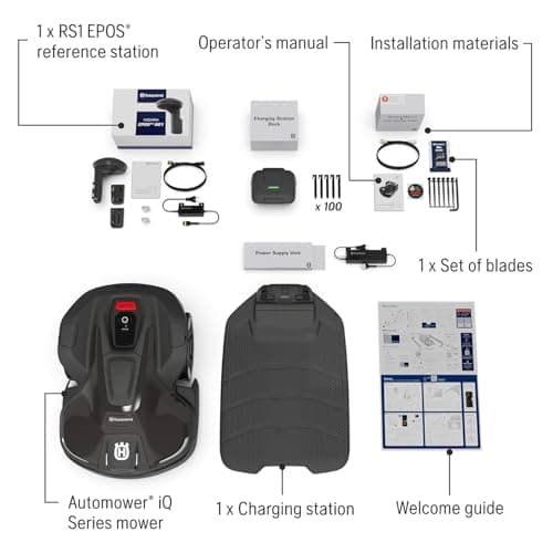 Husqvarna 440iQ Automower Robotic Mower, 2 Acre Mowing Capacity, Wire Free Robot Lawn Mower with Charging Station, RS1 EPOS Reference Station and Replacement Blades 9