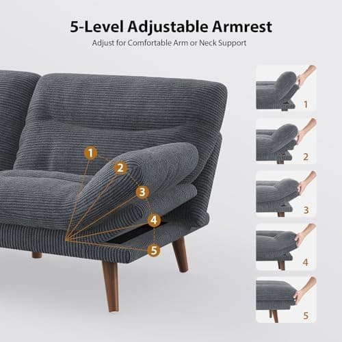 Pipishell Futon Sofa Bed, 66 Inch Corduroy Futon Couch Convertible with Adjustable Backrest and Armrests, Recliner Sleeper Sofa for Small Spaces, Living Room, Office, Guest Room (Grey, 66 Inch) 6