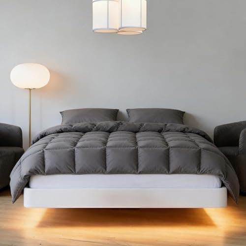 Grey Feather Down Comforter King Size,Premium Ultra-Soft Breathable Comforter High Fill Power Grey Duvet Insert,All Season Hotel Luxury Bedding Comforters 8 Corner & Center Loops,Baffle Box Design