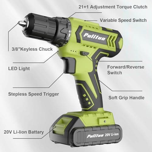 PULITUO Cordless Drill Set - 20V Electric Power Drill with Battery and Charger, 30N Torque, 21+1 Torque Settings, 2 Variable Speeds, includes a 43-pcs Drill Driver Bits Kit and Screws Set (Green) 7
