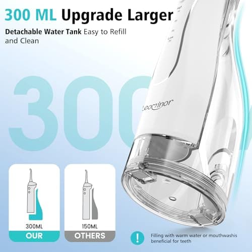Leominor Water Dental Flosser Pick for Teeth, 300ML Portable Oral Irrigator Upgraded Tank Removable,IPX7 Waterproof, Rechargeable Travel Teeth Cleaner, Professional Electric Flossing (White) 5