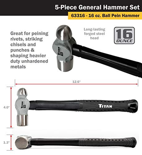 Titan 63125 5-Piece Hammer Set, Includes 16oz & 32oz Ball Pein, 32oz Rubber Mallet, 3lb Sledgehammer, & 3lb Cross Pein, Shock Absorbing Fiberglass Handles with Textured Grips 7