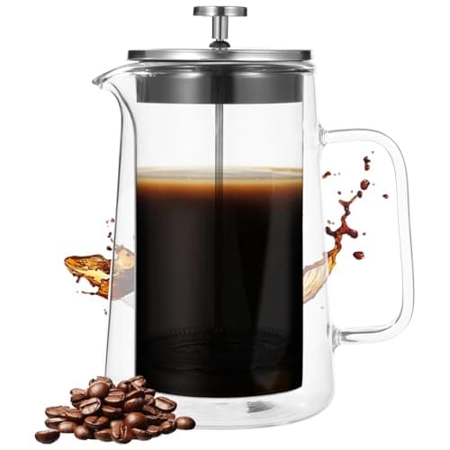 Anjetan Press Coffee Maker, 1000 ml/33.8 oz Double Wall Insulated Tea Maker, Heat Resistant High Borosilicate Glass with Fine Mesh Filter & Ergonomic Handle, Ideal for Hot and Cold Beverages