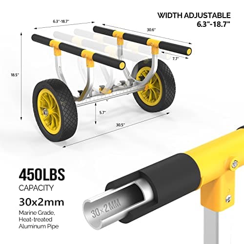 Bonnlo Kayak Cart, Heavy Duty Universal Kayak Trailer Adjustable Width 6.3"-18.7" Canoe Cart Dolly with 12" Flat-Free Kayak Wheels and Kickstand, 450 Lb Weight Capacity Kayak Trolley Transport 5