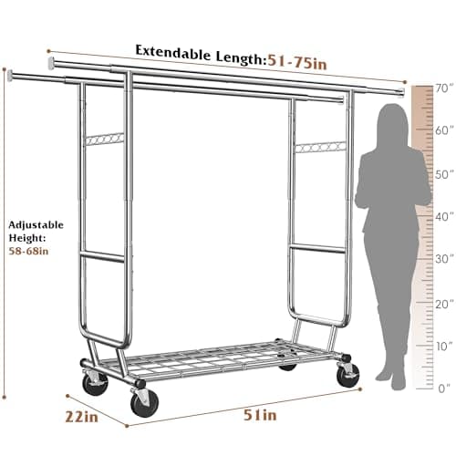Raybee Clothes Rack Load 630LBS, Heavy Duty Clothes Rack, Rolling Clothing Racks for Hanging Clothes with Wheels, Adjustable & Commercial Garment Rack, 22" D x 75" W x 68" H 9