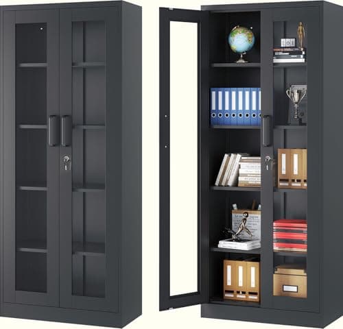 SISESOL Metal Storage Cabinet with Lock and Glass Doors,Glass Display Cabinet,67" Tall Black Storage Cabinets,Locking Curio Cabinets with 5 Shelves for Collectibles,Home,Office,Living Room