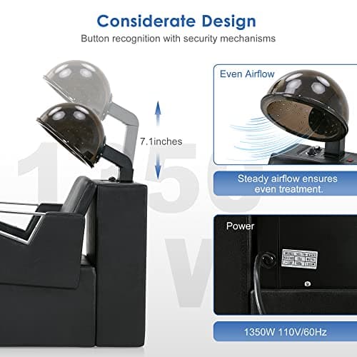 BarberPub Professional Height Adjustable Hooded Bonnet Hair Dryer Chair, 1350W Wood Frame Chair for Beauty Salon with 60 Minute Timer & Three-Position Temperature Control 2700 (Black) 6
