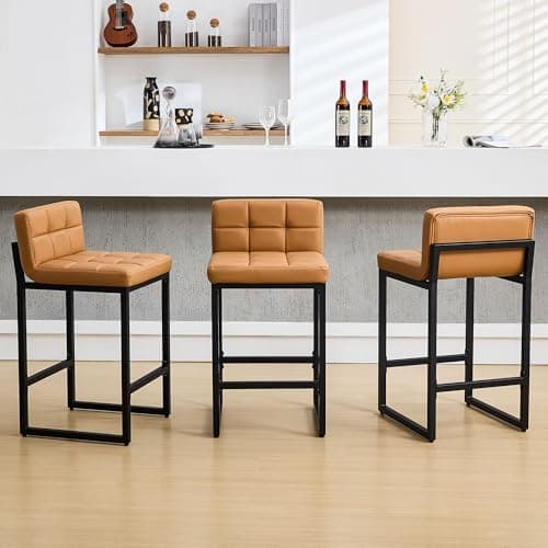 FIRAVOE Bar Stools Set of 3, Upholstered PU Leather Counter Height Barstools with Low Back and Thickened Metal Legs, Modern Island Chairs for Kitchen Island (Caramel Brown, 3Pcs 26" Counter Stools)