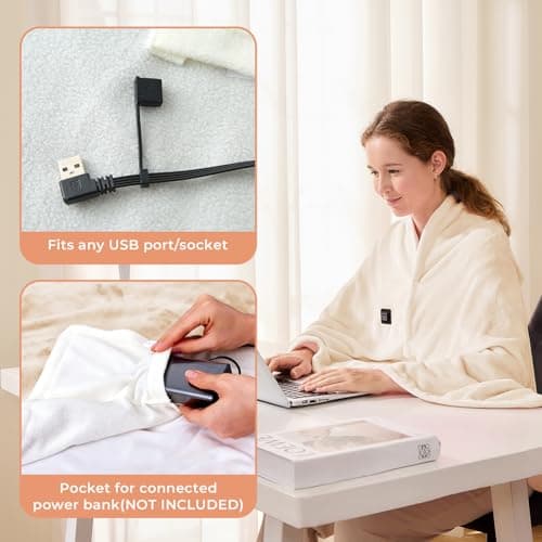 JOLLYVOGUE USB Heated Blanket Throw, Wearable & Portable Heating Electric Blanket for Adults, 3 Levels & 8 Heating Zone Shawl for Indoor & Outdoor, Beige (Battery Not Included) 5