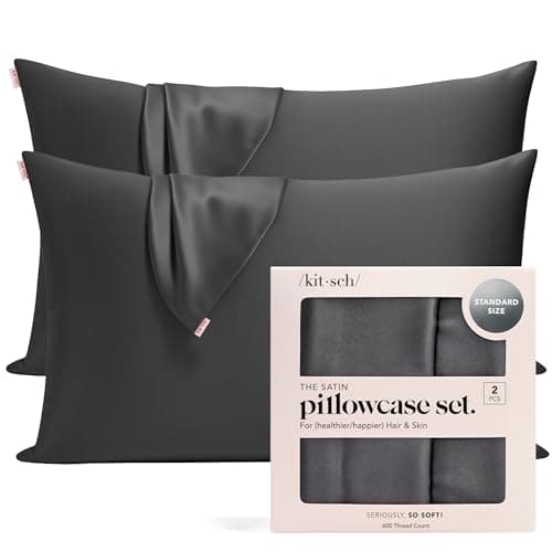 Kitsch Satin Pillowcase with Zipper for Hair & Skin - Softer Than Silk Pillow Cases, Smooth Cooling Satin Pillow Case, Wrinkle-Free, Machine Washable, Pillow Cases Standard Size 19x26 - Charcoal, 2pc