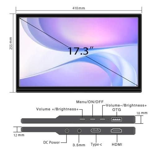 Portable Monitor 17.3-Inch Full HD 60HZ HDMI USB-C Laptop External Travel Display with Built in Speakers and Invisible Stand, Suitable for Mac Smartphones PS4/PS5 Switch Second Display 6