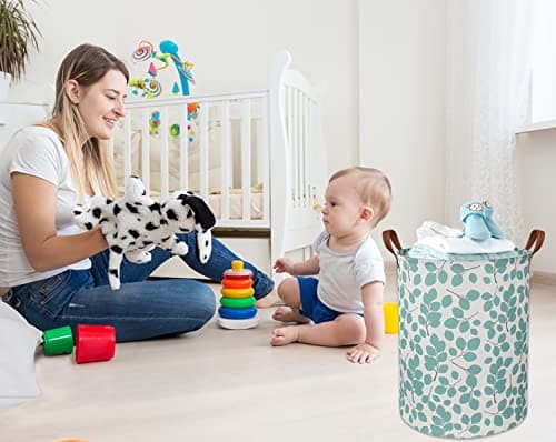 HIYAGON Laundry Baskets,Canvas Fabric Laundry Hamper,Collapsible Toy Storage Organizer Bins,Gift Basket for Bedroom, Clothes, Nursery,Kids,Boys (Eucalyptus leaves) 5