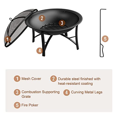Fire Beauty Fire Pit for Outside Wood Burning,BBQ Grill Steel Fire Bowl with Spark Screen Cover,Log Grate,Poker for Camping Beach Bonfire Picnic Backyard Garden 7