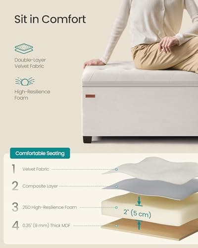 SONGMICS Velvet Storage Ottoman Bench, Foot Rest with Legs, 15.7 x 43 x 15.7 Inches, End of Bed Bench, Storage Chest, Load up to 660 lb, for Living Room, Bedroom, Entryway, Cream White ULSF089W01 5