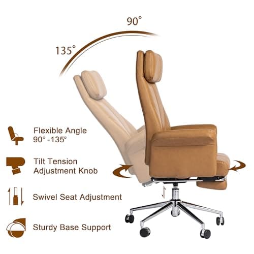 Glitzhome Ergonomic Office Chairs with Footrest, Mid-Century Modern Desk Chair, PU Leather Office Chair with Lumbar Support and Armrest, Gaslift Adjustable Swivel Reclining Office Chair, Camel 7