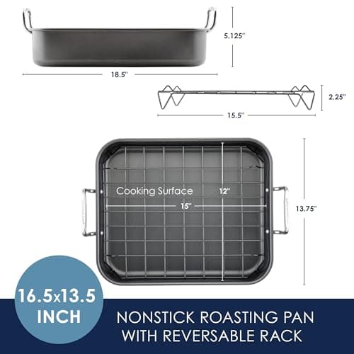 Rachael Ray Bakeware Nonstick Roaster/Roasting Pan with Reversible Rack, 16.5 Inch x 13.5 Inch, Gray 6