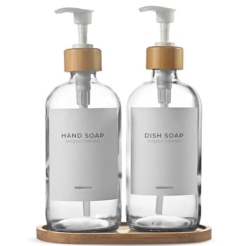 MaisoNovo Glass Dish Soap Dispenser for Kitchen Set of 2-16.9oz Clear Dish and Hand Soap Dispenser Set for Kitchen - Clear Glass Bottles x 2 with White Bamboo Pumps & Tray
